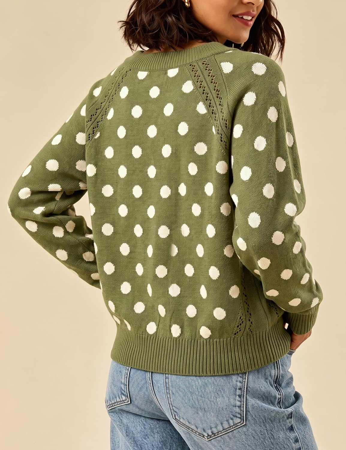 image:imageSpringrain Womens Polka Dot Knit Cardigan Long Sleeve SweaterArmygreen
