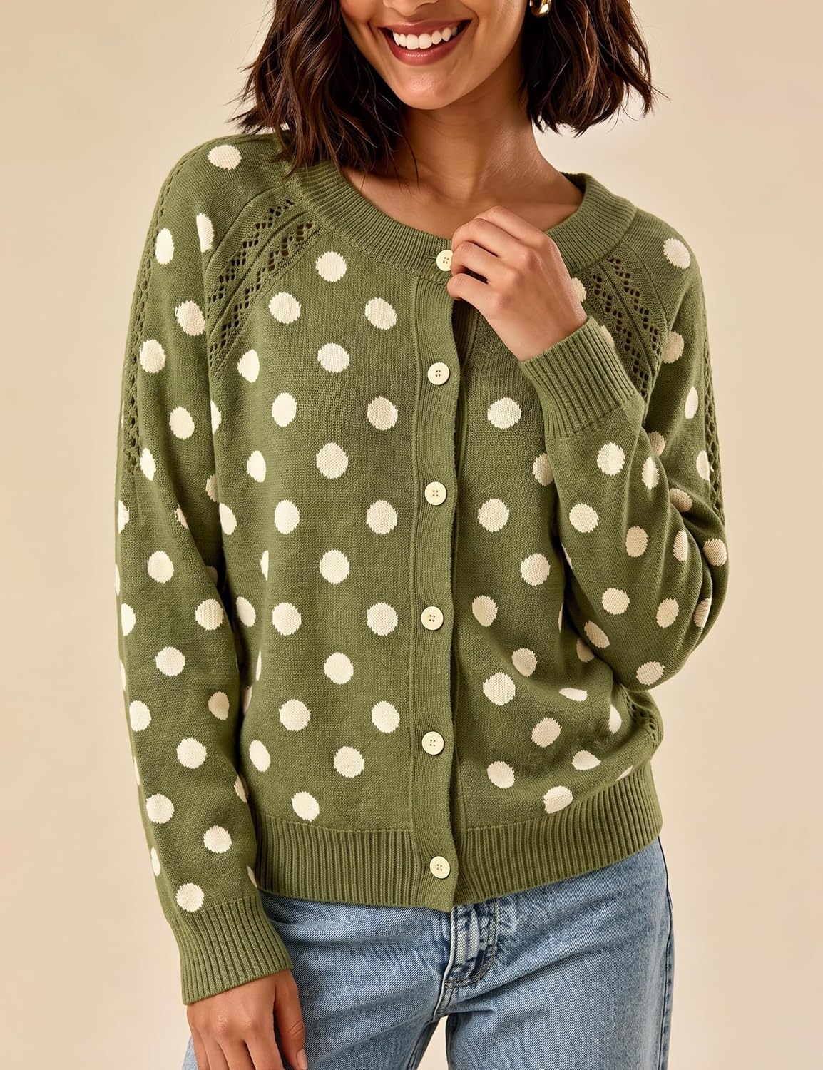 image:imageSpringrain Womens Polka Dot Knit Cardigan Long Sleeve SweaterArmygreen