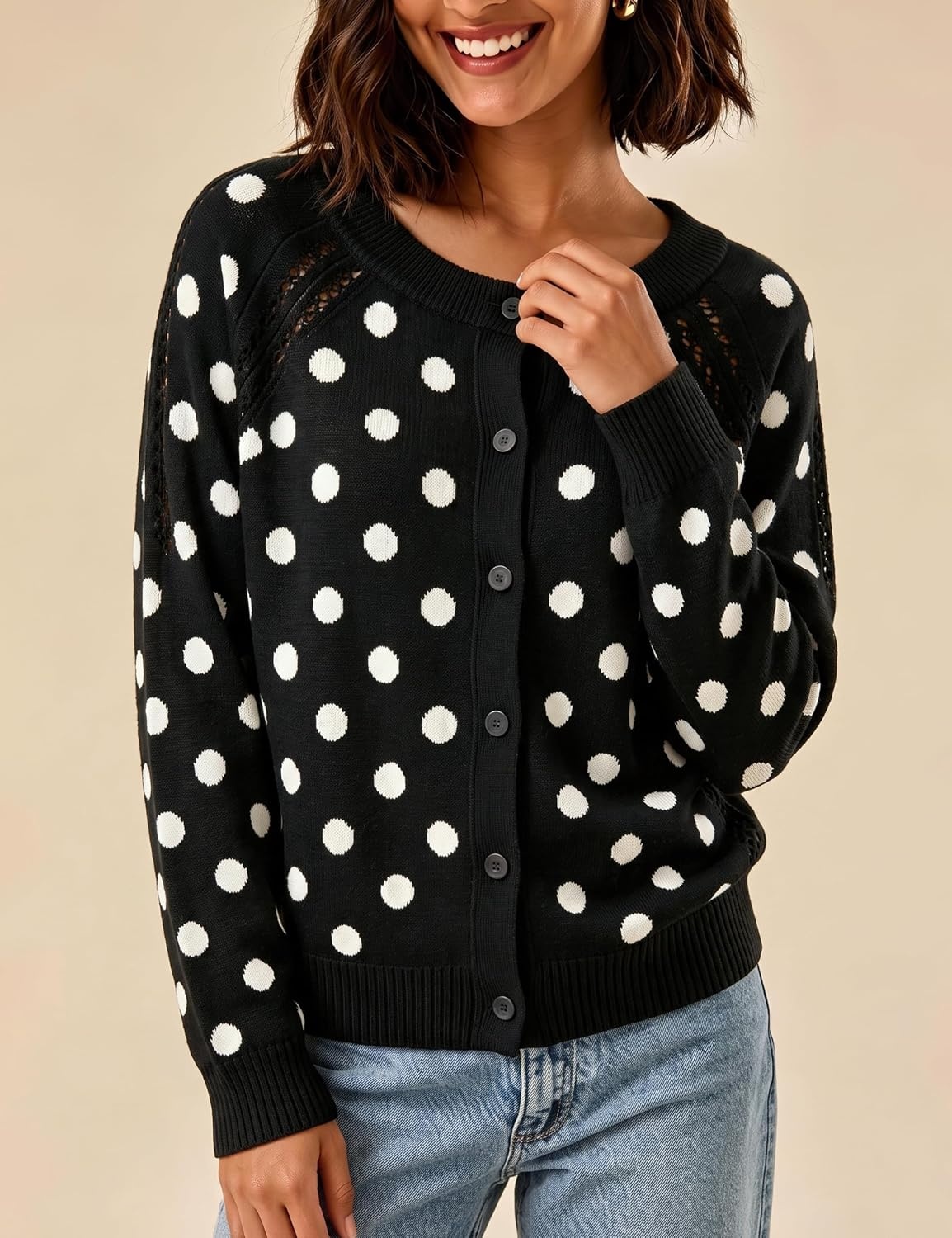 image:imageSpringrain Womens Polka Dot Knit Cardigan Long Sleeve SweaterBlack