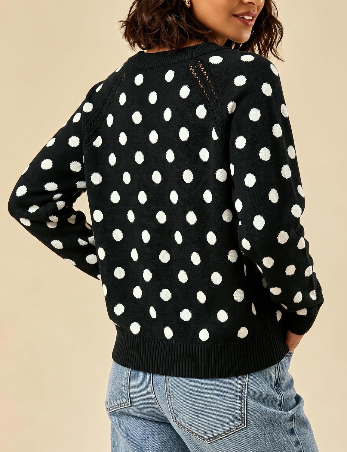 image:imageSpringrain Womens Polka Dot Knit Cardigan Long Sleeve SweaterBlack