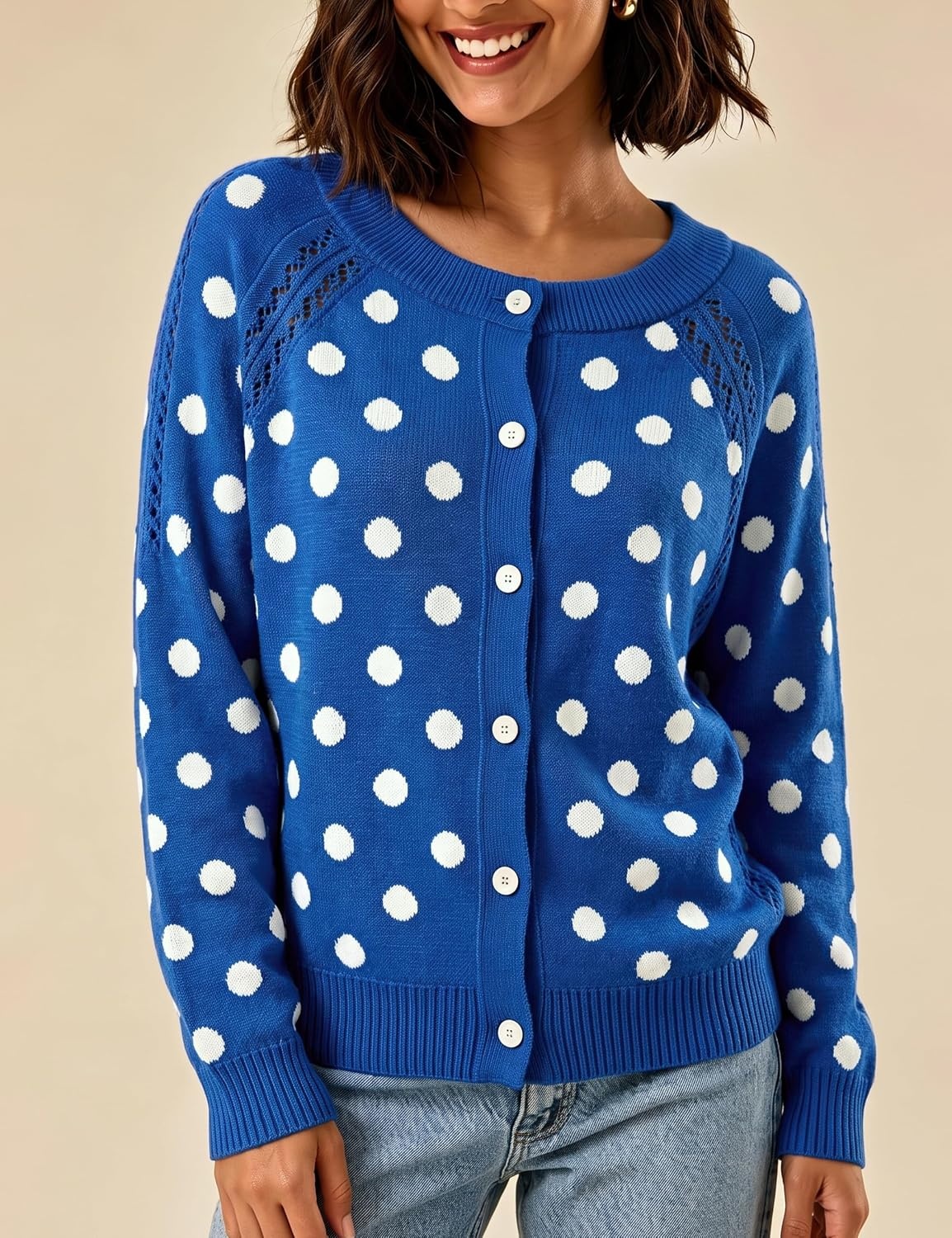 image:imageSpringrain Womens Polka Dot Knit Cardigan Long Sleeve SweaterBlue