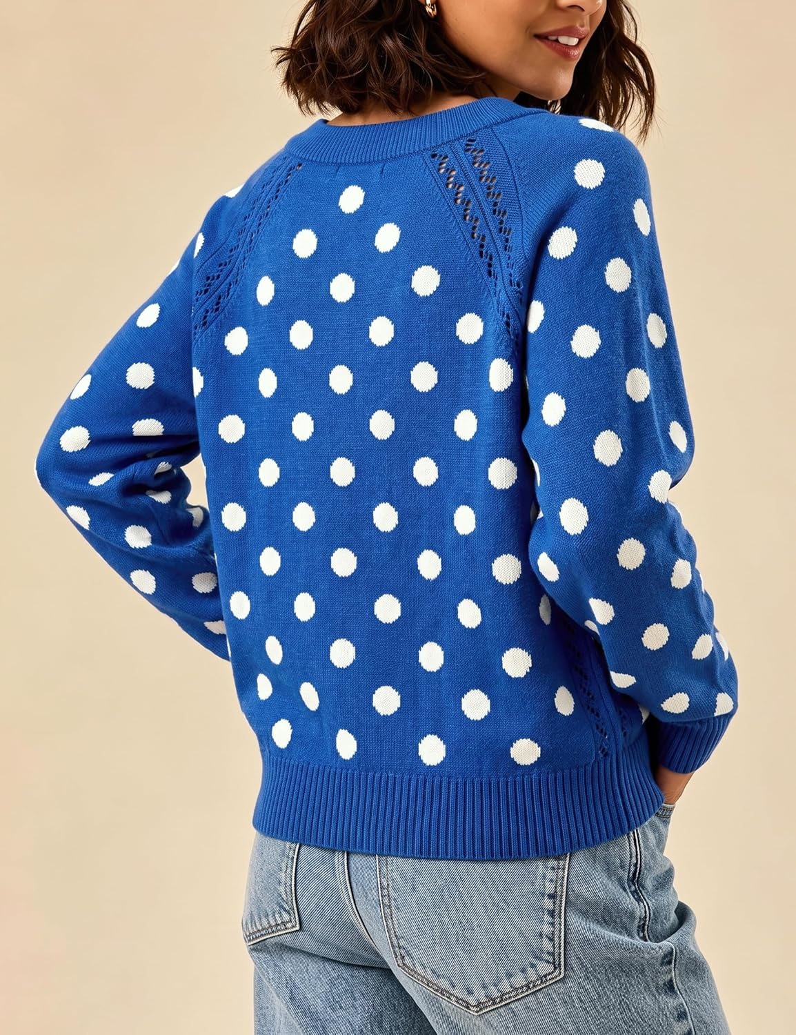 image:imageSpringrain Womens Polka Dot Knit Cardigan Long Sleeve SweaterBlue