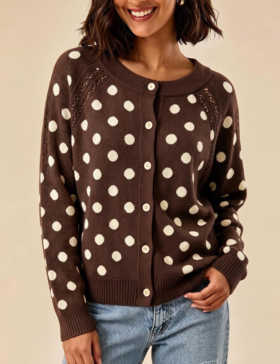 image:imageSpringrain Womens Polka Dot Knit Cardigan Long Sleeve SweaterBrown