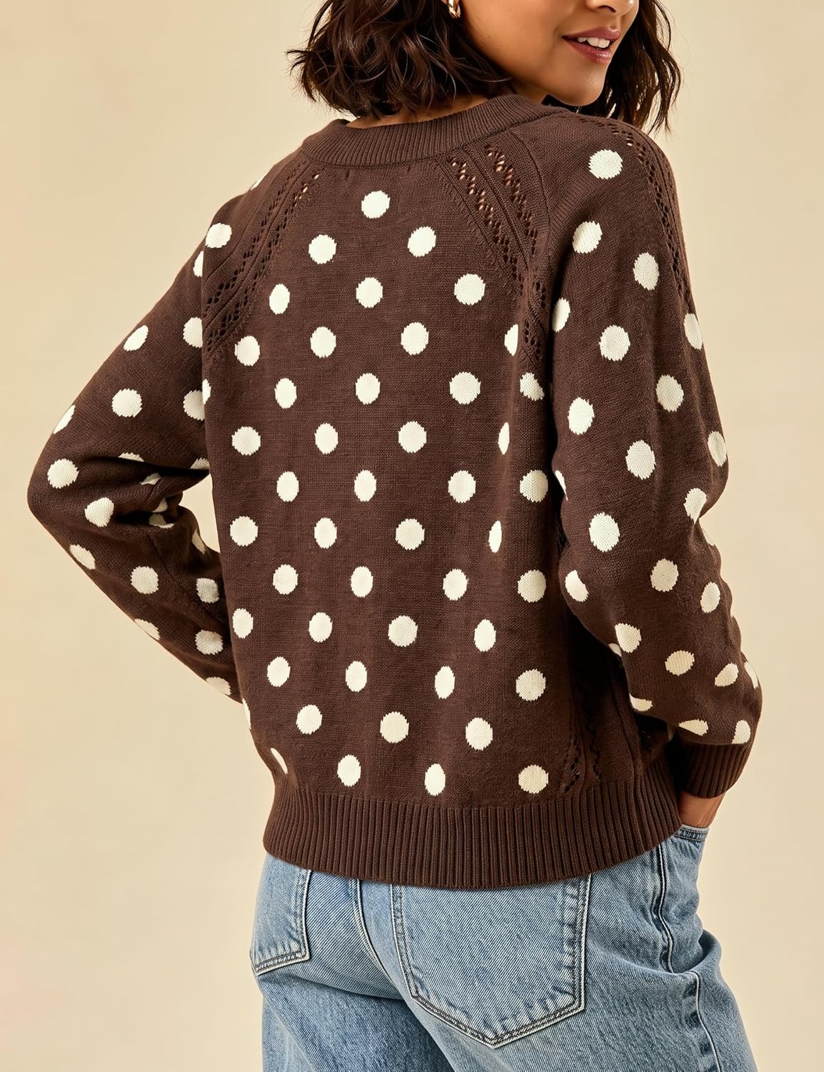image:imageSpringrain Womens Polka Dot Knit Cardigan Long Sleeve SweaterBrown