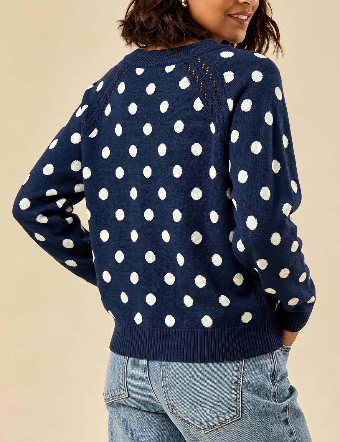 image:imageSpringrain Womens Polka Dot Knit Cardigan Long Sleeve SweaterNavy