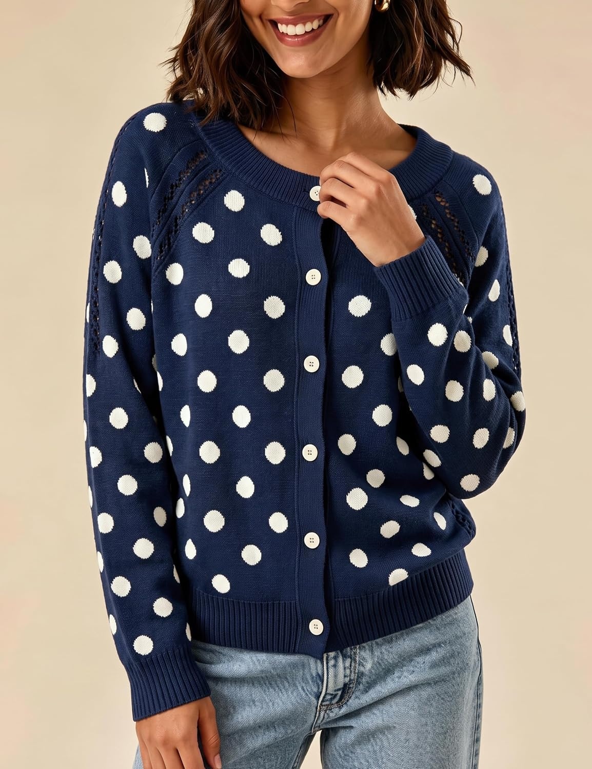image:imageSpringrain Womens Polka Dot Knit Cardigan Long Sleeve SweaterNavy