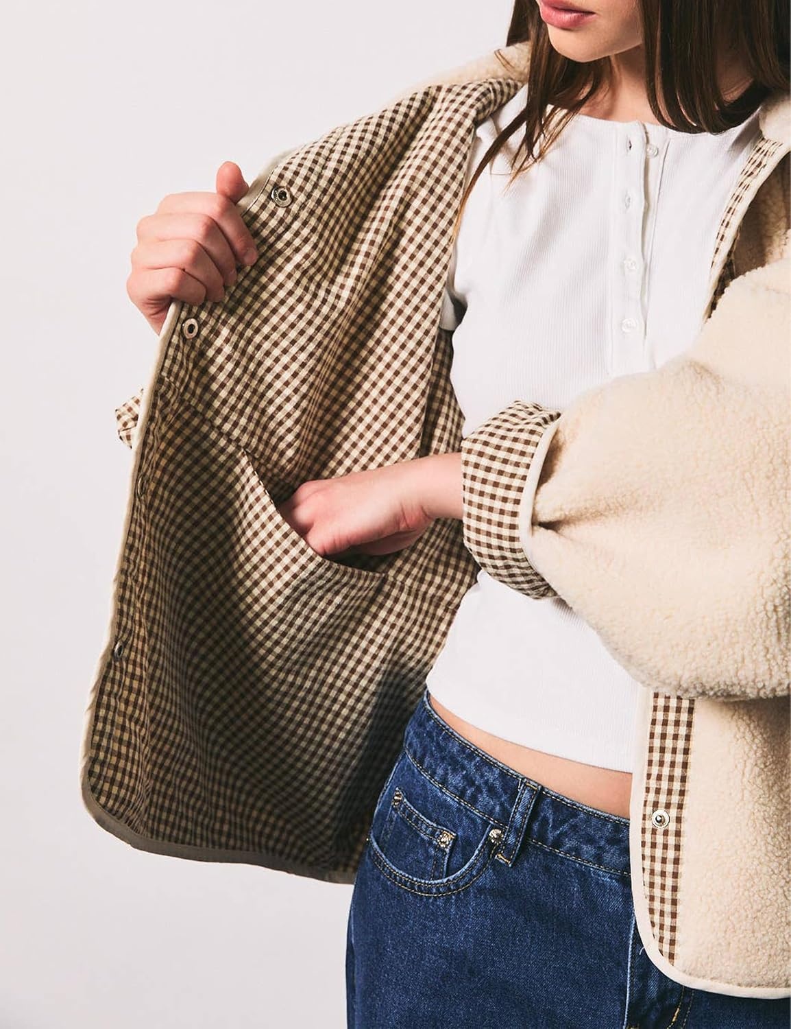 image:imageSpringrain Womens Sherpa Fleece Jacket Gingham Casual CoatBeige