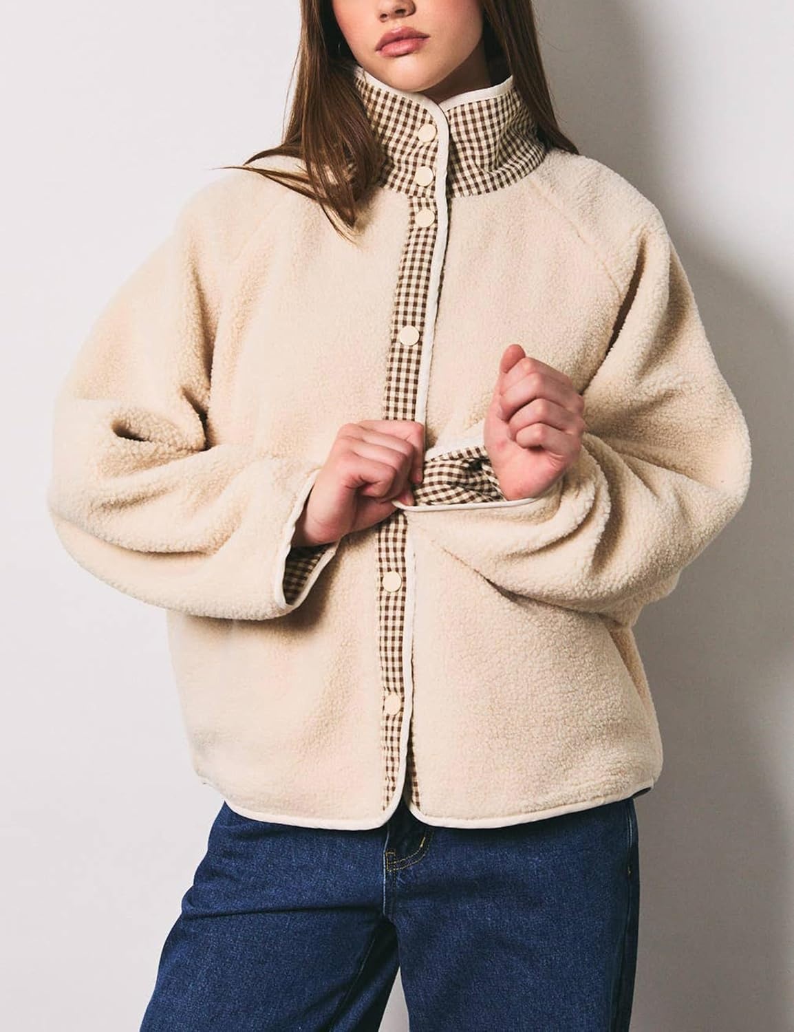 image:imageSpringrain Womens Sherpa Fleece Jacket Gingham Casual CoatBeige