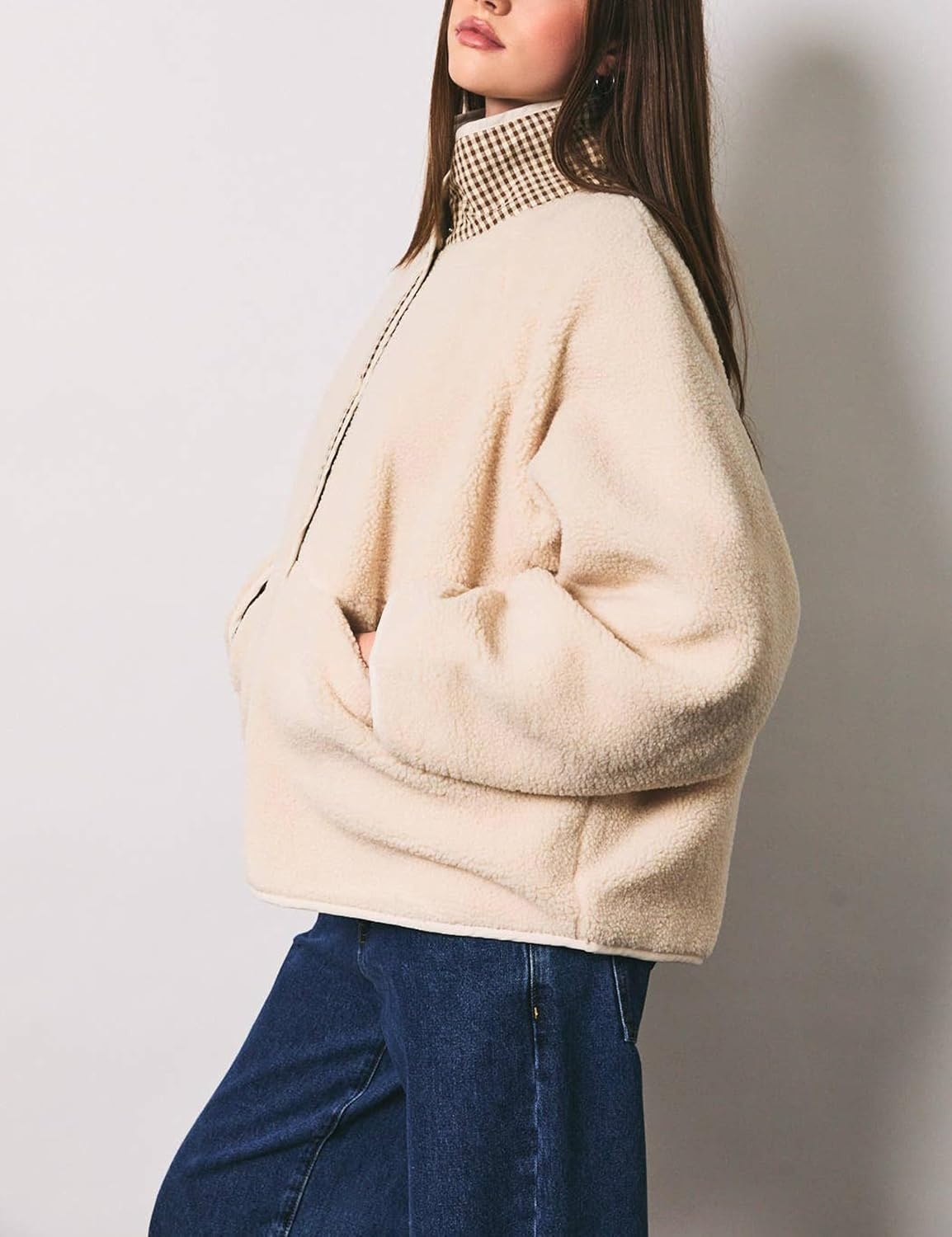 image:imageSpringrain Womens Sherpa Fleece Jacket Gingham Casual CoatBeige