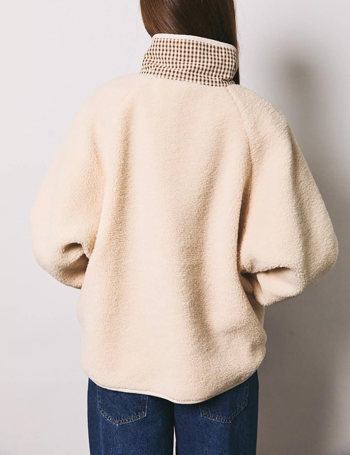 image:imageSpringrain Womens Sherpa Fleece Jacket Gingham Casual CoatBeige