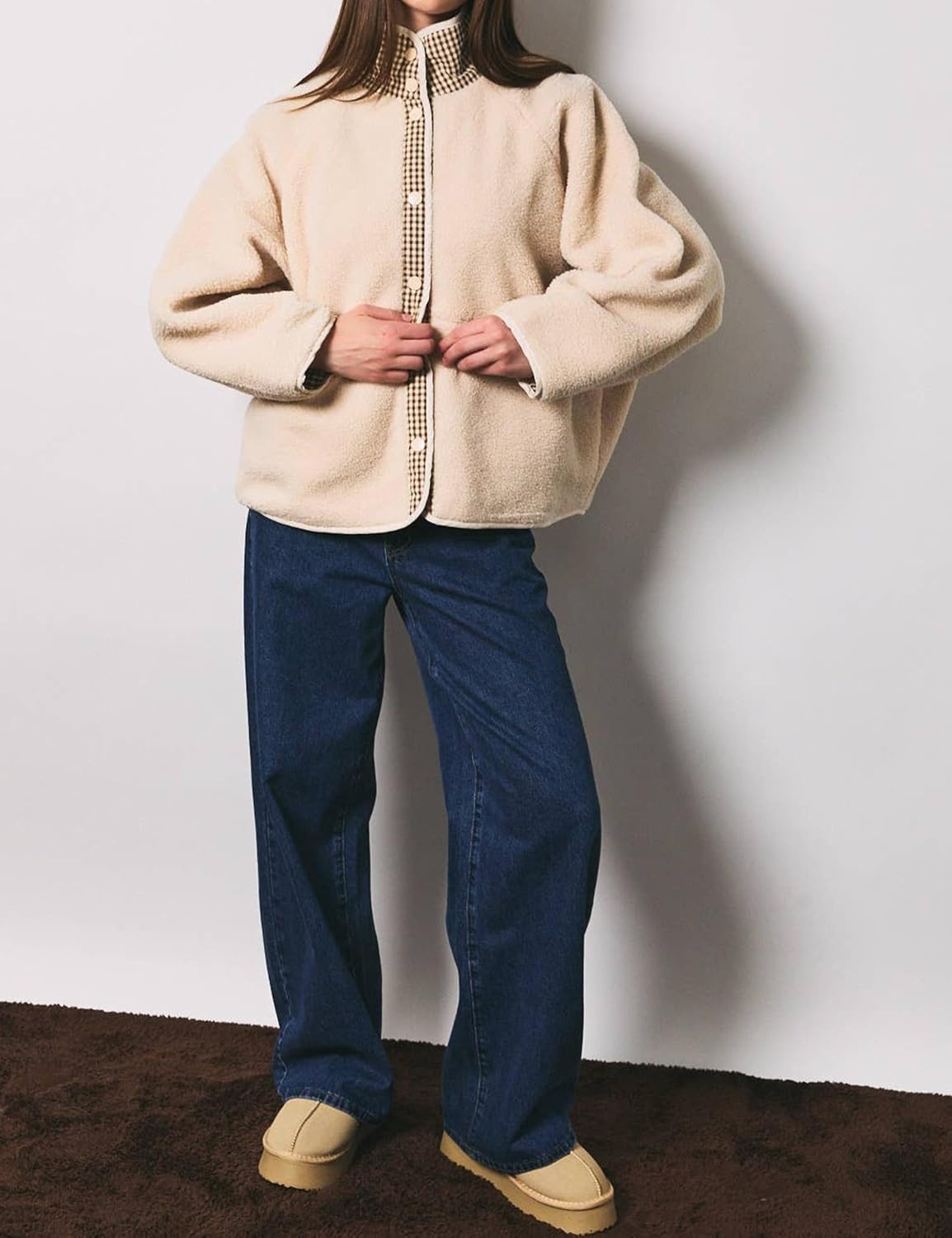 image:imageSpringrain Womens Sherpa Fleece Jacket Gingham Casual CoatBeige