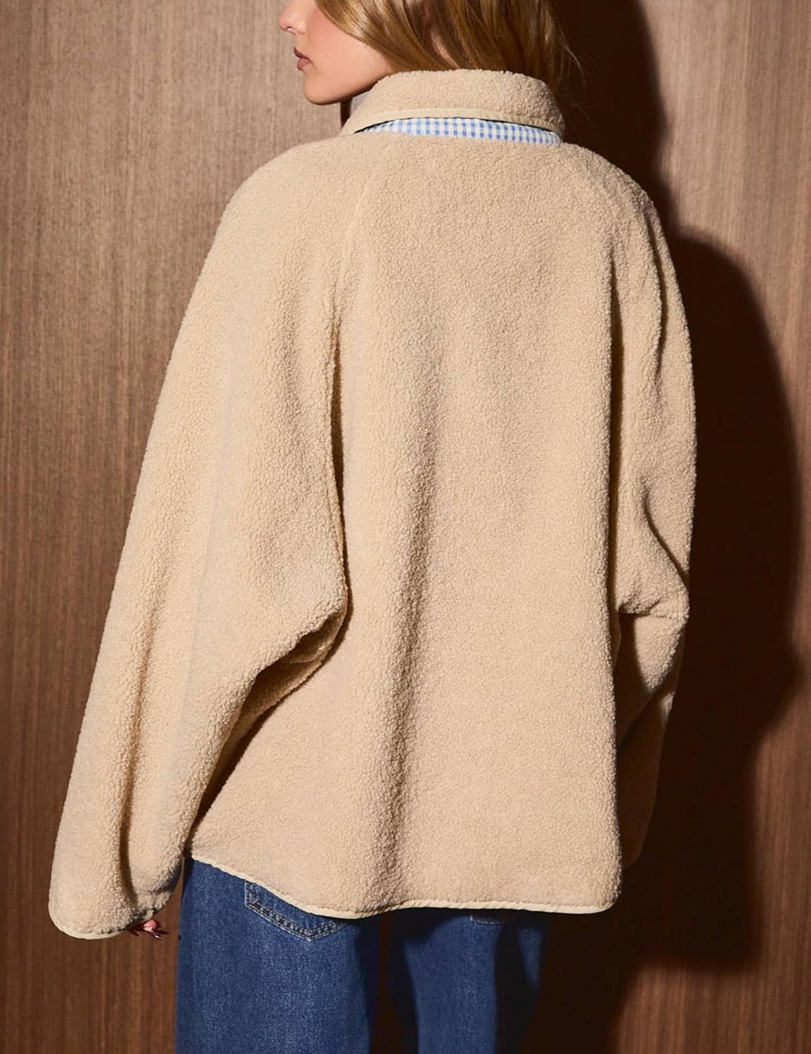 image:imageSpringrain Womens Sherpa Fleece Jacket Gingham Casual CoatKhaki