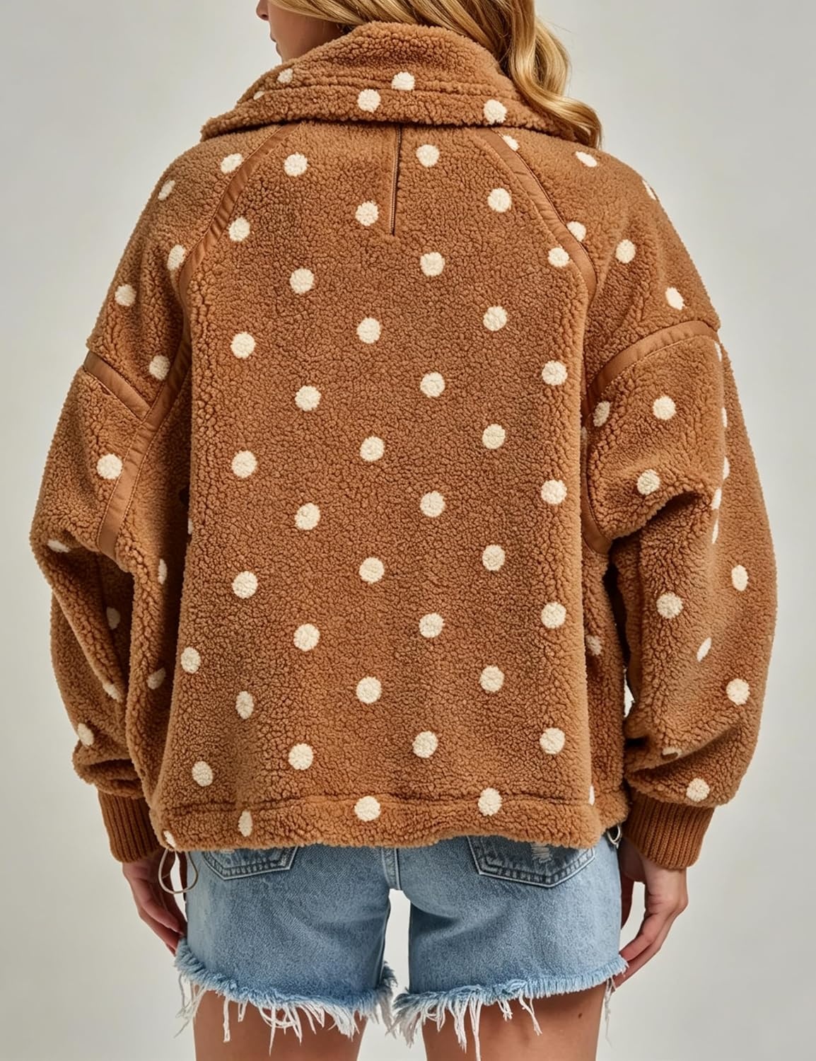 image:imageSpringrain Womens Sherpa Fleece Jacket Polka Dot Zip Up CoatBrown