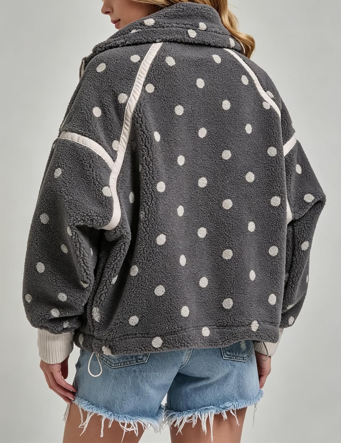 image:imageSpringrain Womens Sherpa Fleece Jacket Polka Dot Zip Up CoatGrey