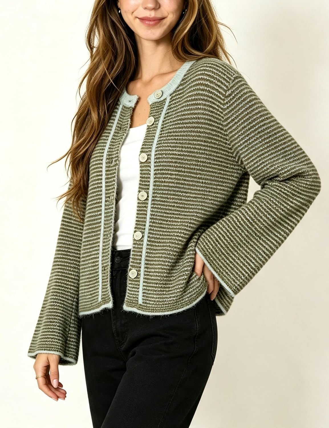 image:imageSpringrain Womens Striped Knit Cardigan Long Sleeve SweaterArmygreen