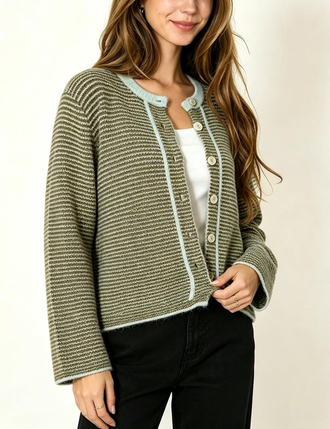 image:imageSpringrain Womens Striped Knit Cardigan Long Sleeve SweaterArmygreen