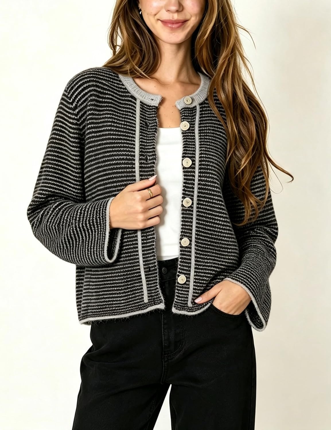 image:imageSpringrain Womens Striped Knit Cardigan Long Sleeve SweaterBlack