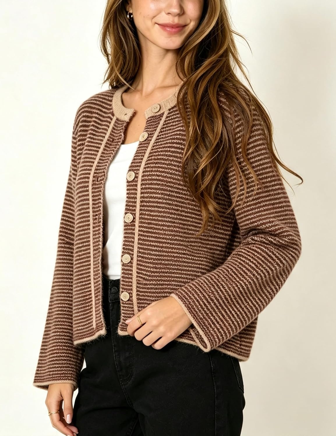 image:imageSpringrain Womens Striped Knit Cardigan Long Sleeve SweaterBrown