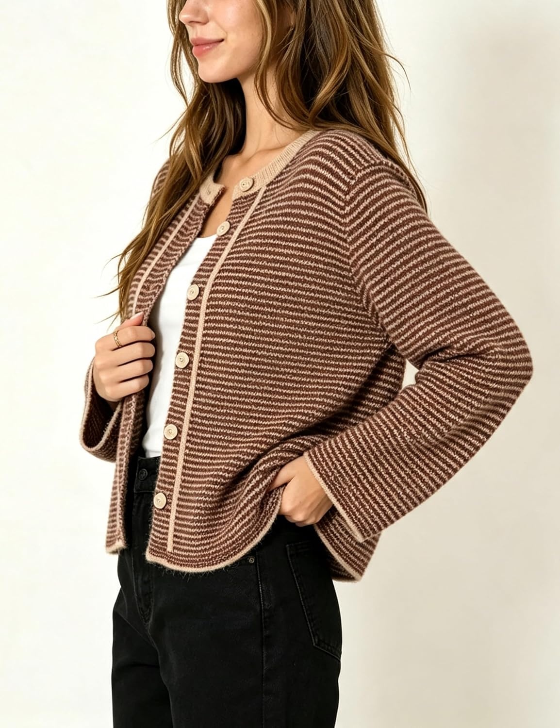 image:imageSpringrain Womens Striped Knit Cardigan Long Sleeve SweaterBrown