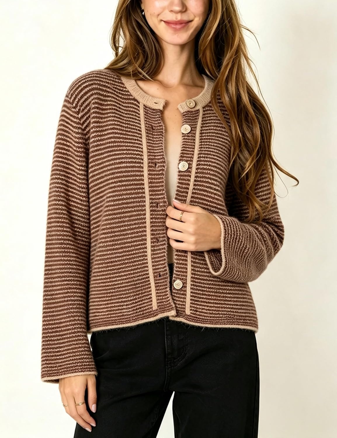 image:imageSpringrain Womens Striped Knit Cardigan Long Sleeve SweaterBrown