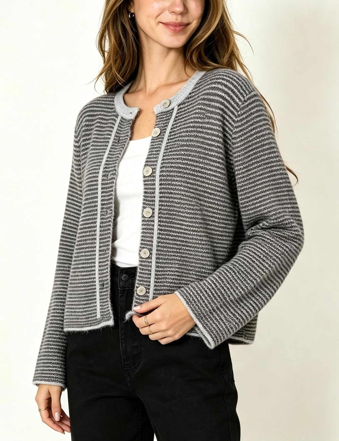 image:imageSpringrain Womens Striped Knit Cardigan Long Sleeve SweaterGrey