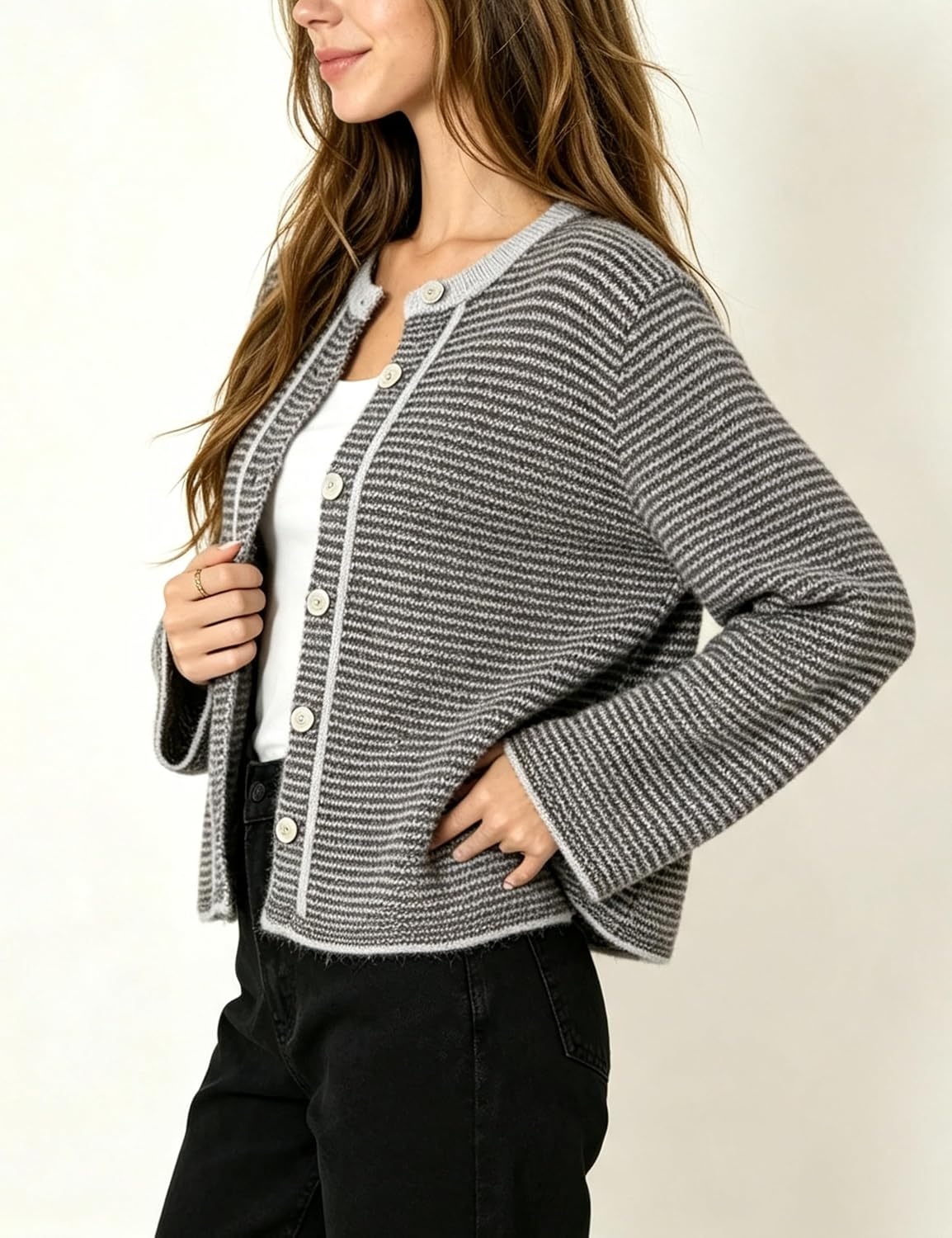 image:imageSpringrain Womens Striped Knit Cardigan Long Sleeve SweaterGrey