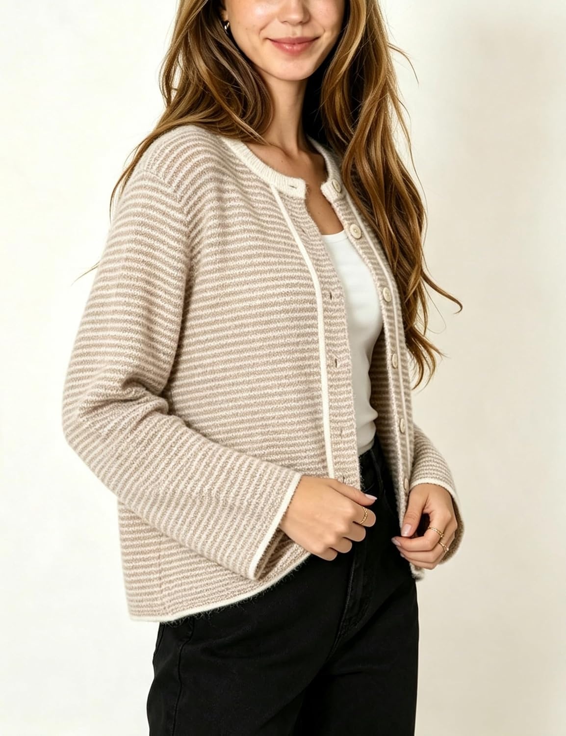 image:imageSpringrain Womens Striped Knit Cardigan Long Sleeve SweaterKhaki