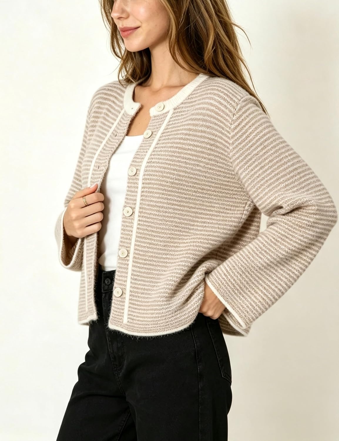 image:imageSpringrain Womens Striped Knit Cardigan Long Sleeve SweaterKhaki