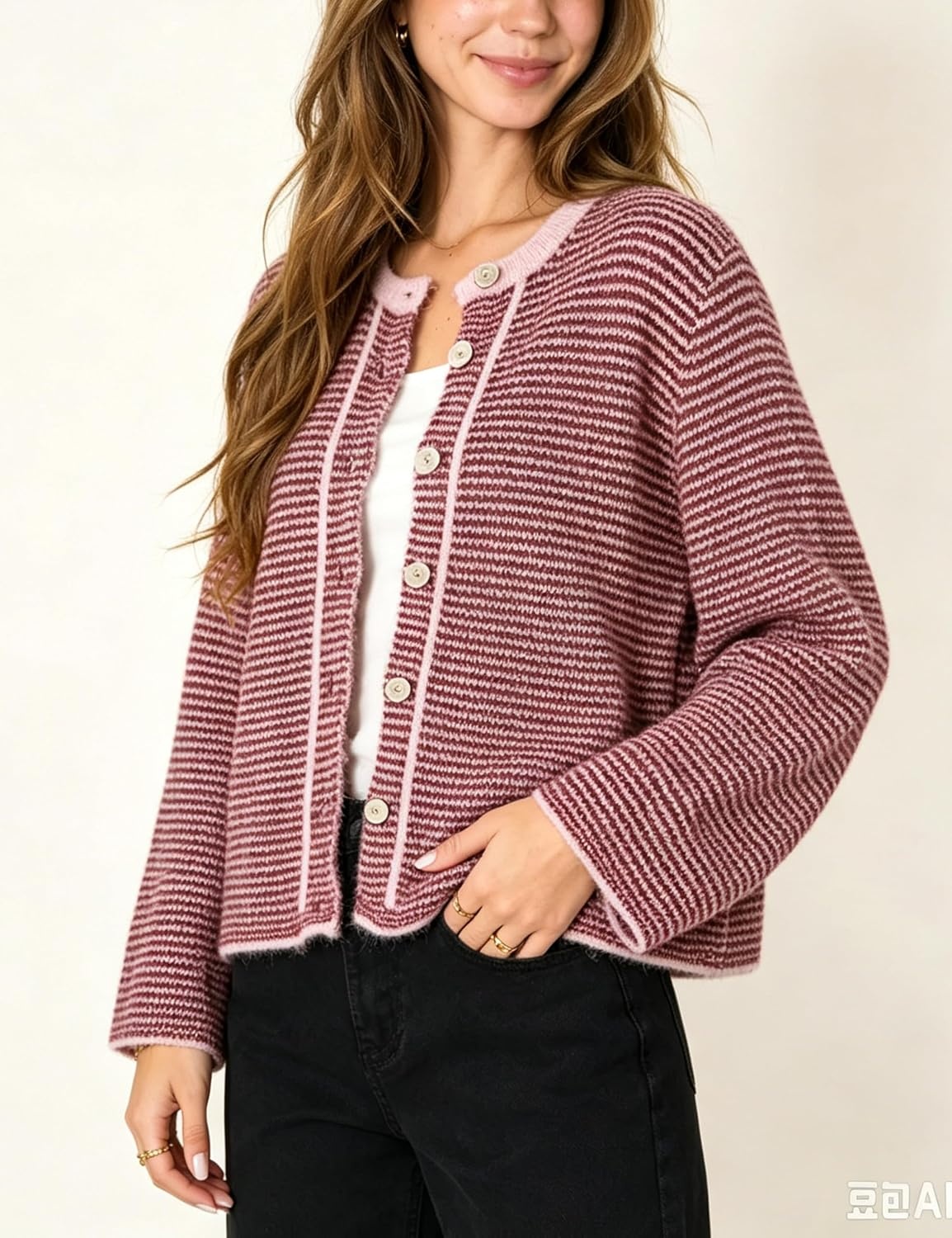 image:imageSpringrain Womens Striped Knit Cardigan Long Sleeve SweaterPink