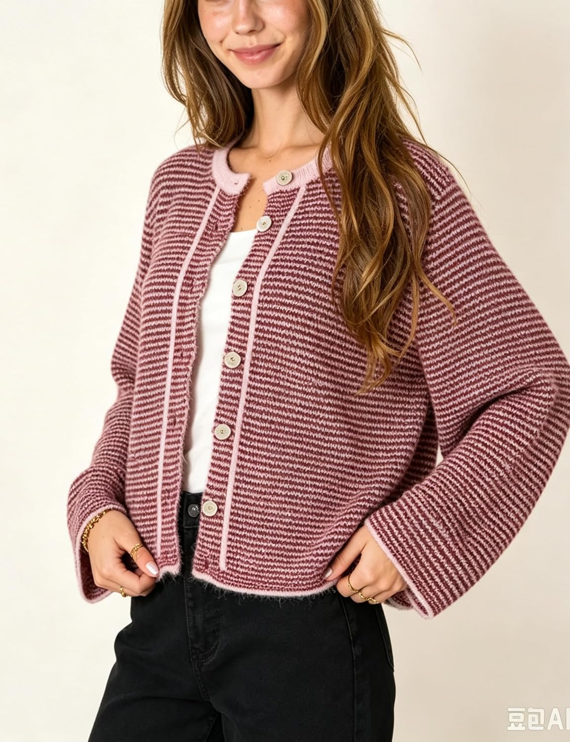 image:imageSpringrain Womens Striped Knit Cardigan Long Sleeve SweaterPink