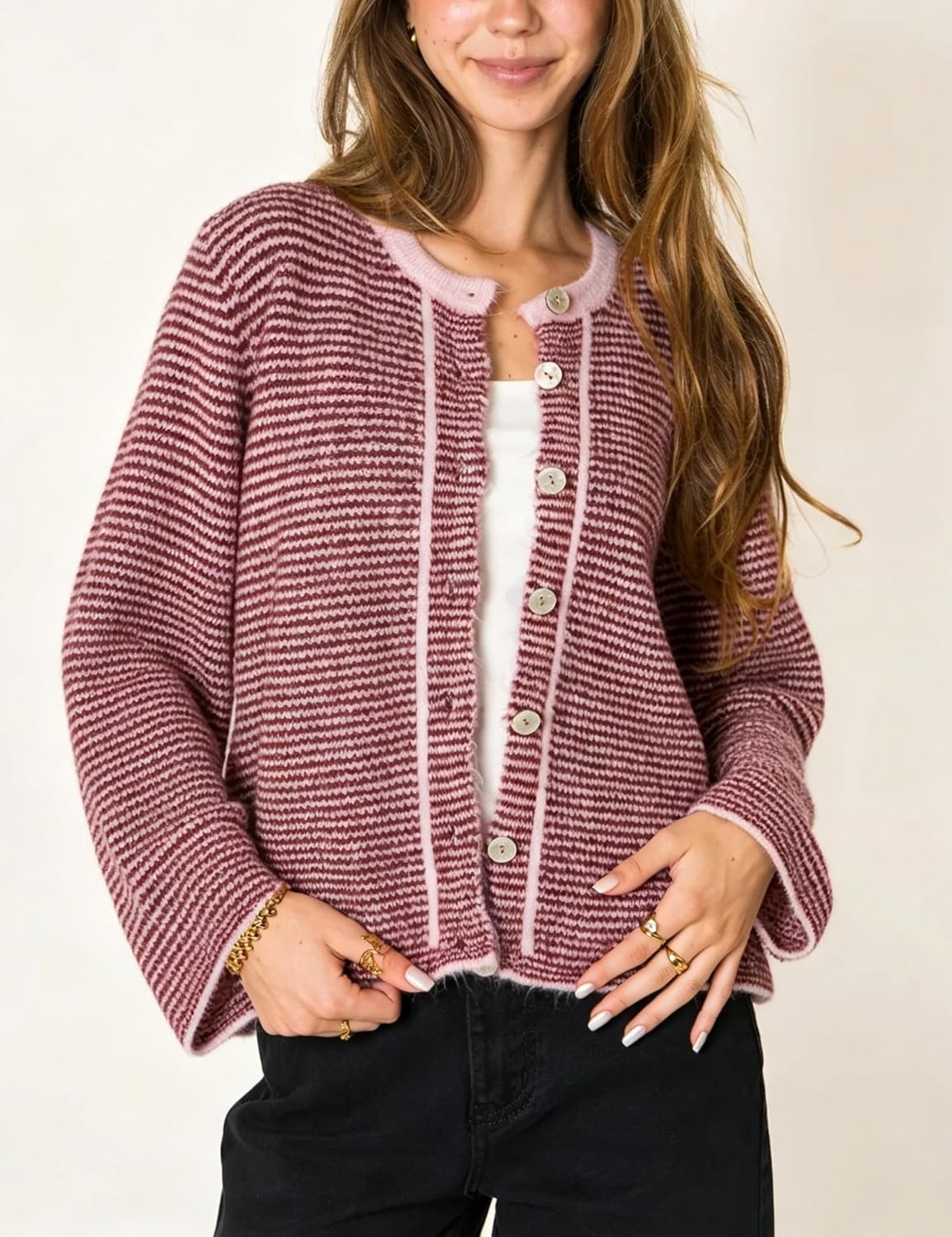 image:imageSpringrain Womens Striped Knit Cardigan Long Sleeve SweaterPink