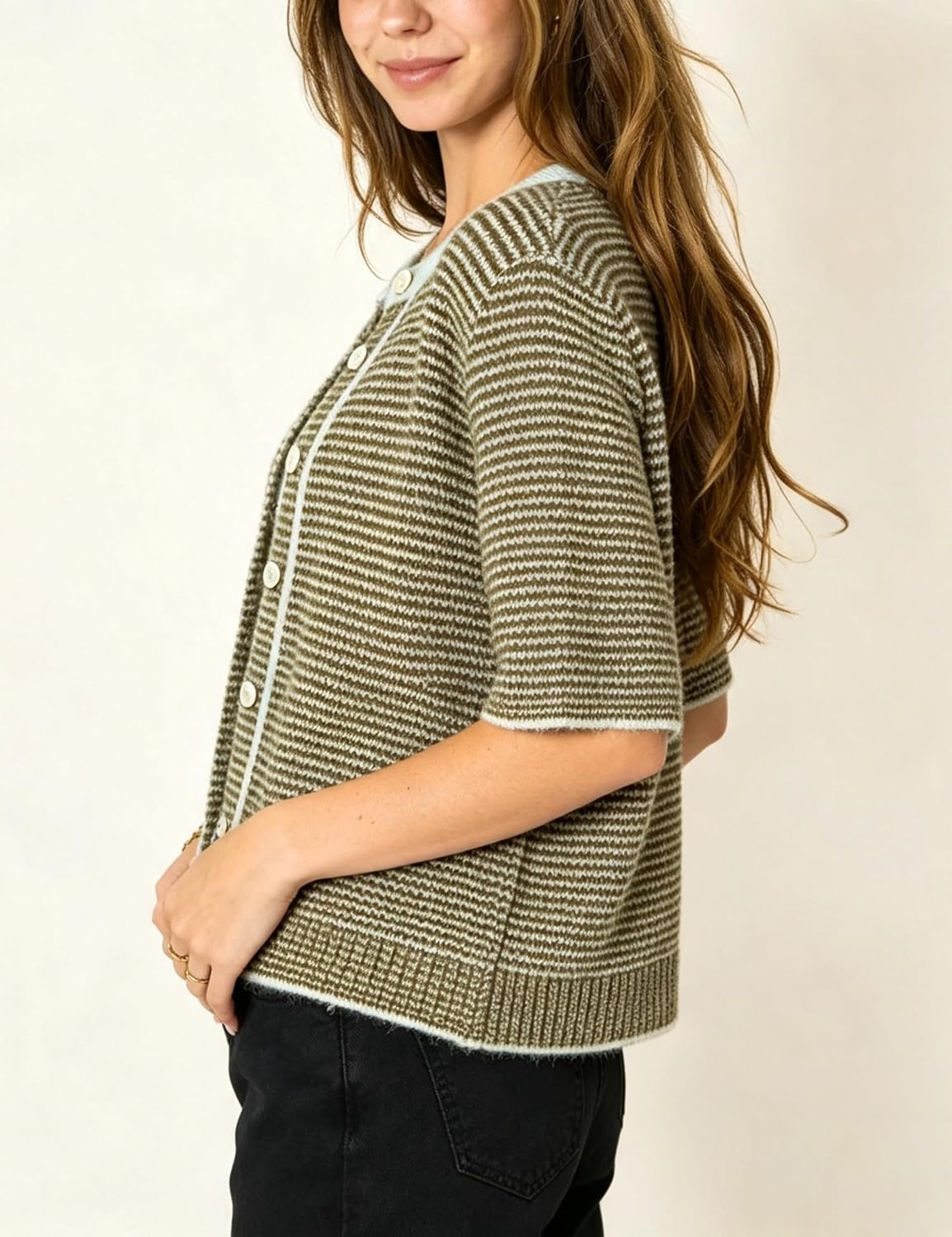 image:imageSpringrain Womens Striped Short Sleeve Knit Cardigan SweaterArmygreen