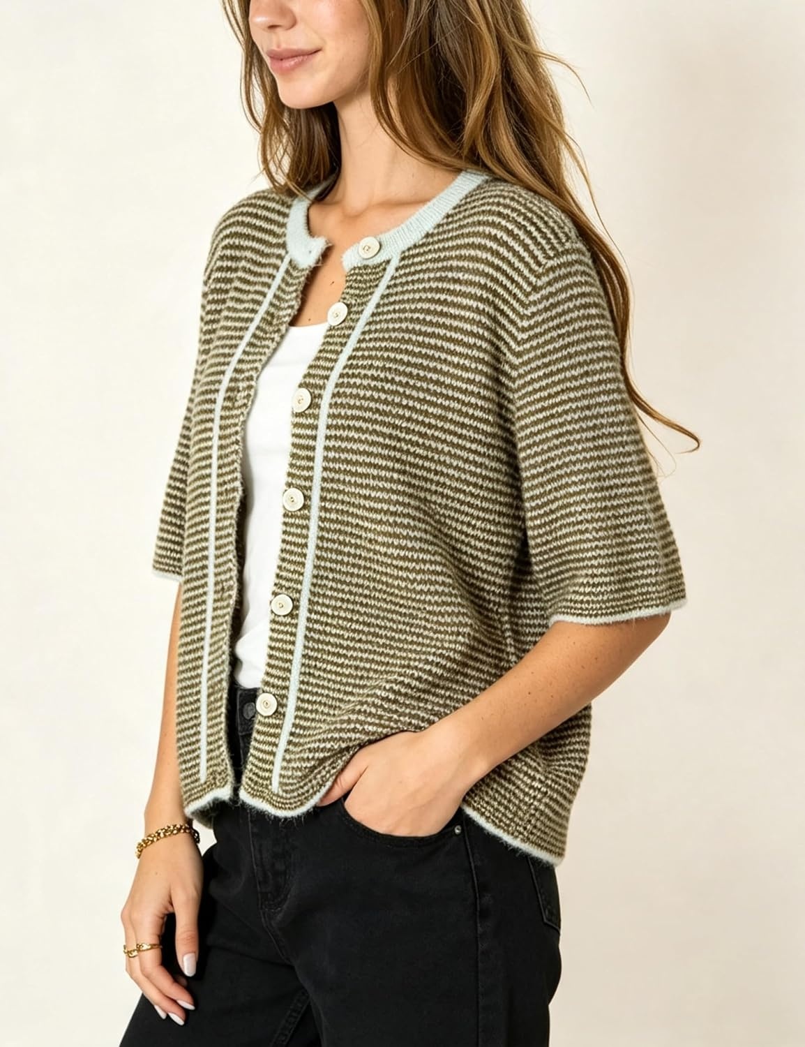 image:imageSpringrain Womens Striped Short Sleeve Knit Cardigan SweaterArmygreen