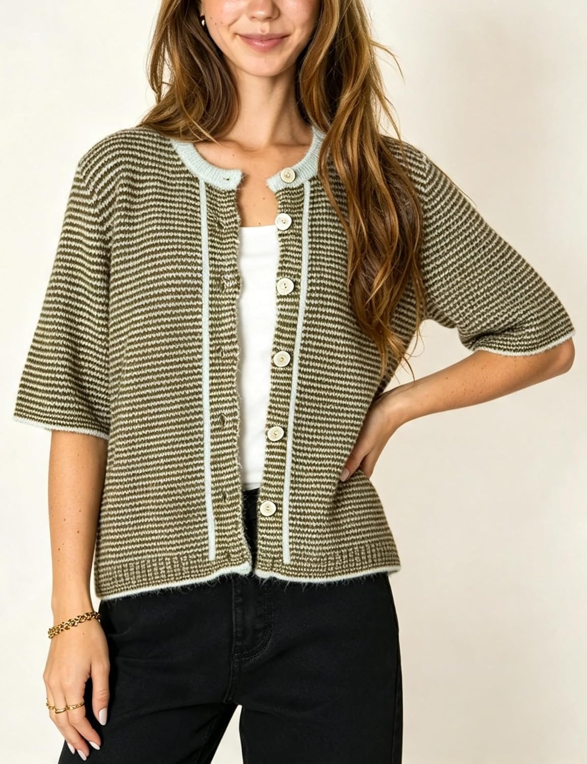 image:imageSpringrain Womens Striped Short Sleeve Knit Cardigan SweaterArmygreen