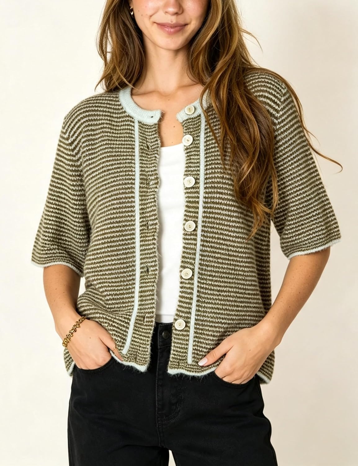 image:imageSpringrain Womens Striped Short Sleeve Knit Cardigan SweaterArmygreen