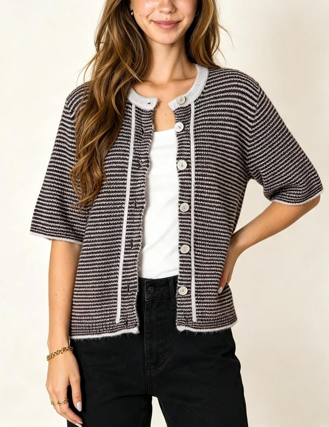 image:imageSpringrain Womens Striped Short Sleeve Knit Cardigan SweaterBlack