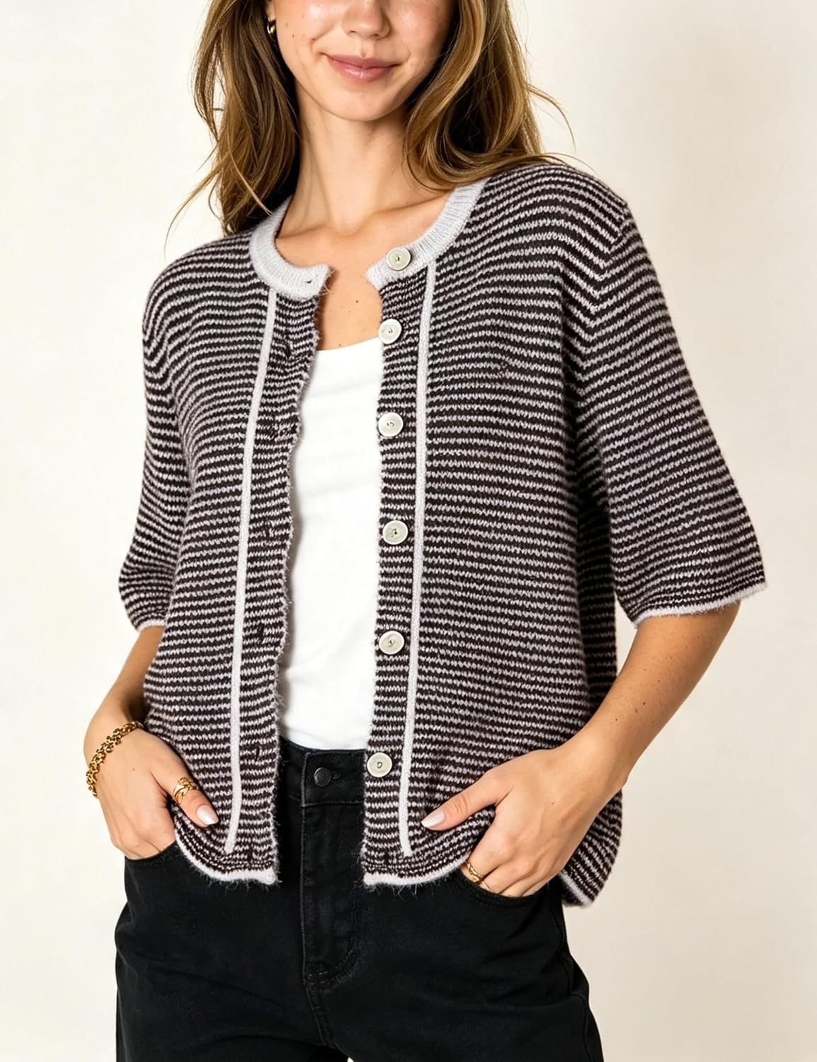image:imageSpringrain Womens Striped Short Sleeve Knit Cardigan SweaterBlack