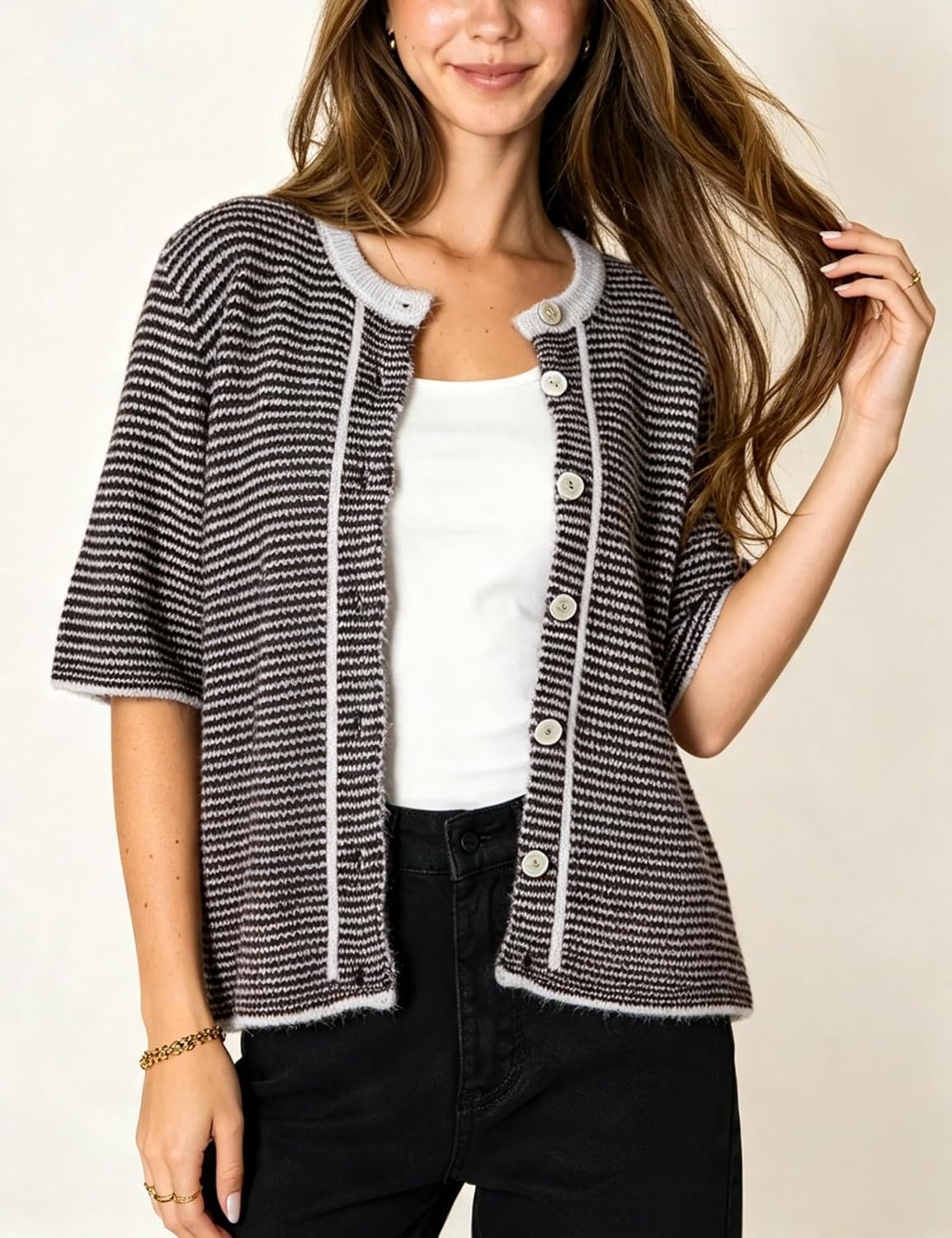 image:imageSpringrain Womens Striped Short Sleeve Knit Cardigan SweaterBlack