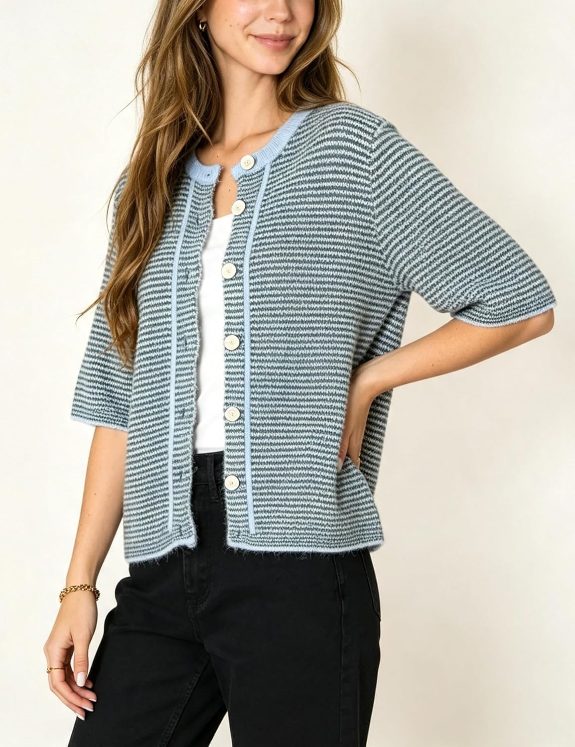 image:imageSpringrain Womens Striped Short Sleeve Knit Cardigan SweaterDustyblue