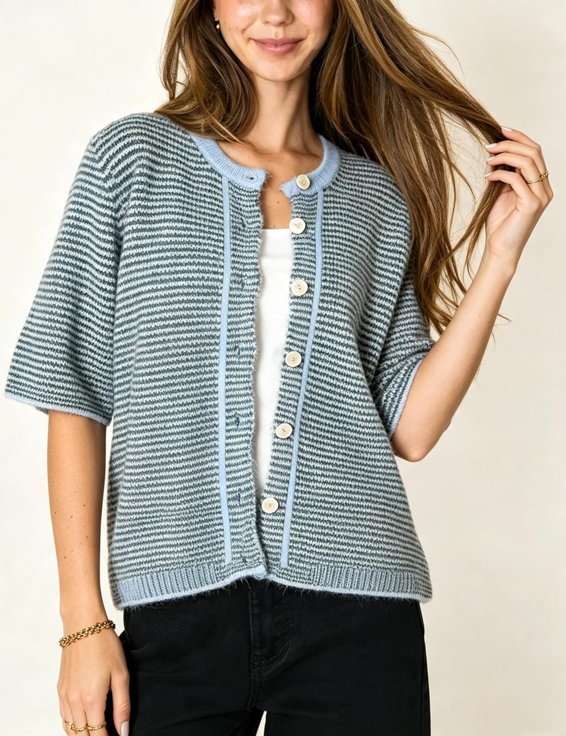 image:imageSpringrain Womens Striped Short Sleeve Knit Cardigan SweaterDustyblue