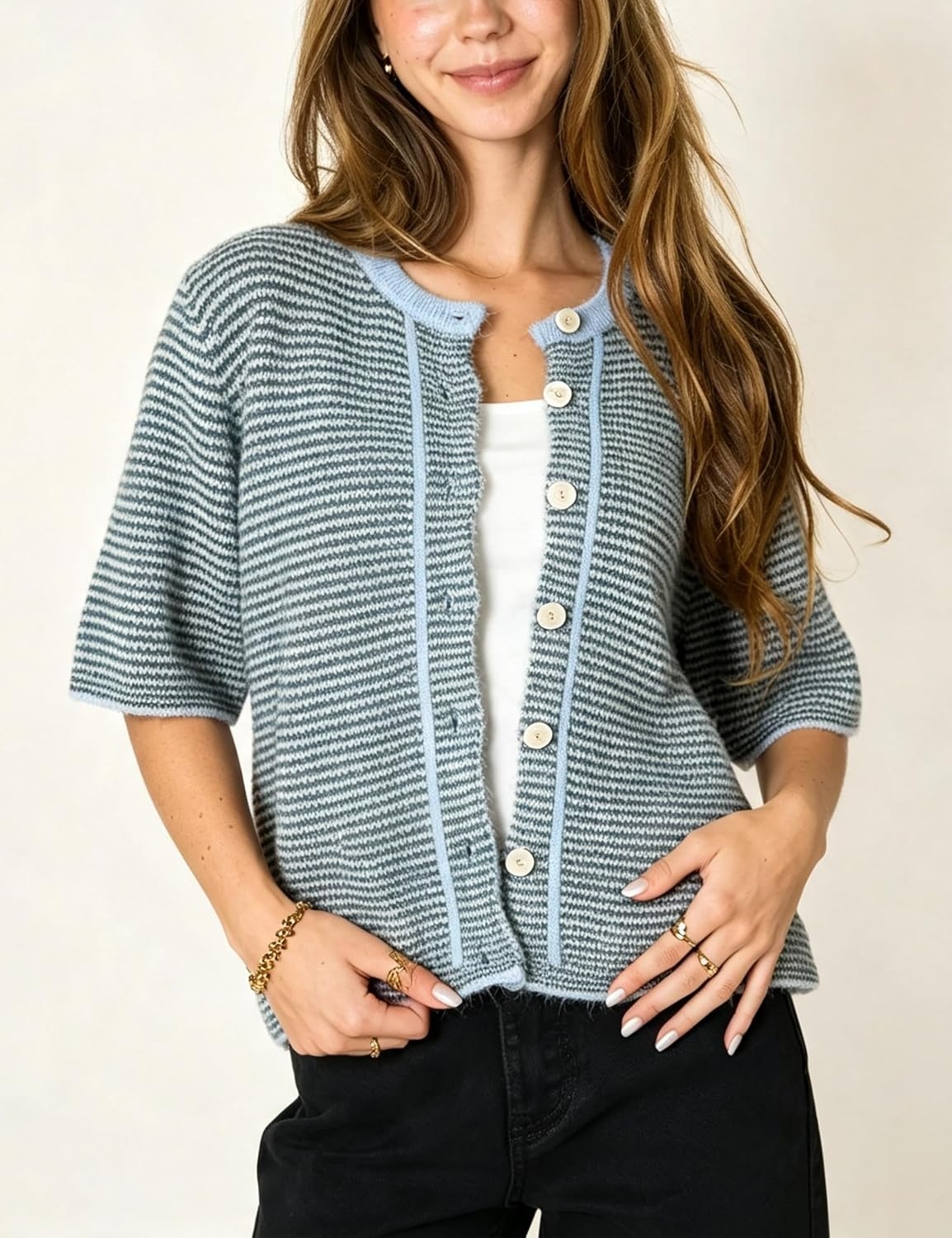 image:imageSpringrain Womens Striped Short Sleeve Knit Cardigan SweaterDustyblue