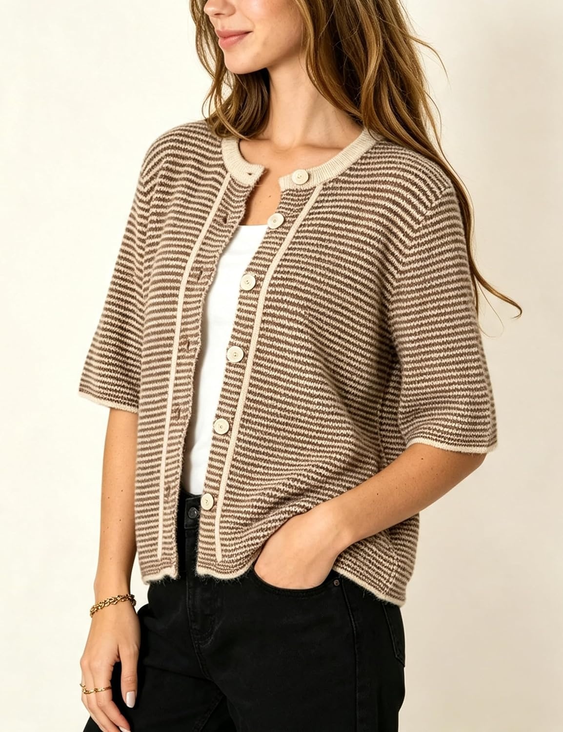 image:imageSpringrain Womens Striped Short Sleeve Knit Cardigan SweaterKhaki
