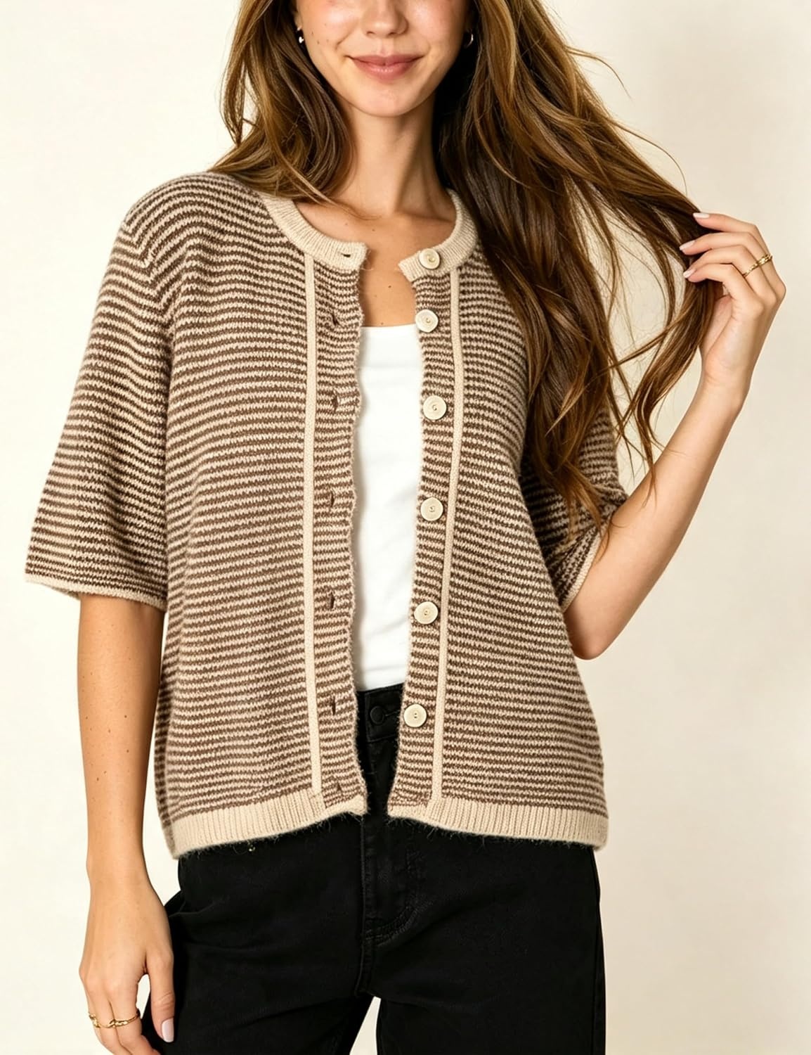 image:imageSpringrain Womens Striped Short Sleeve Knit Cardigan SweaterKhaki