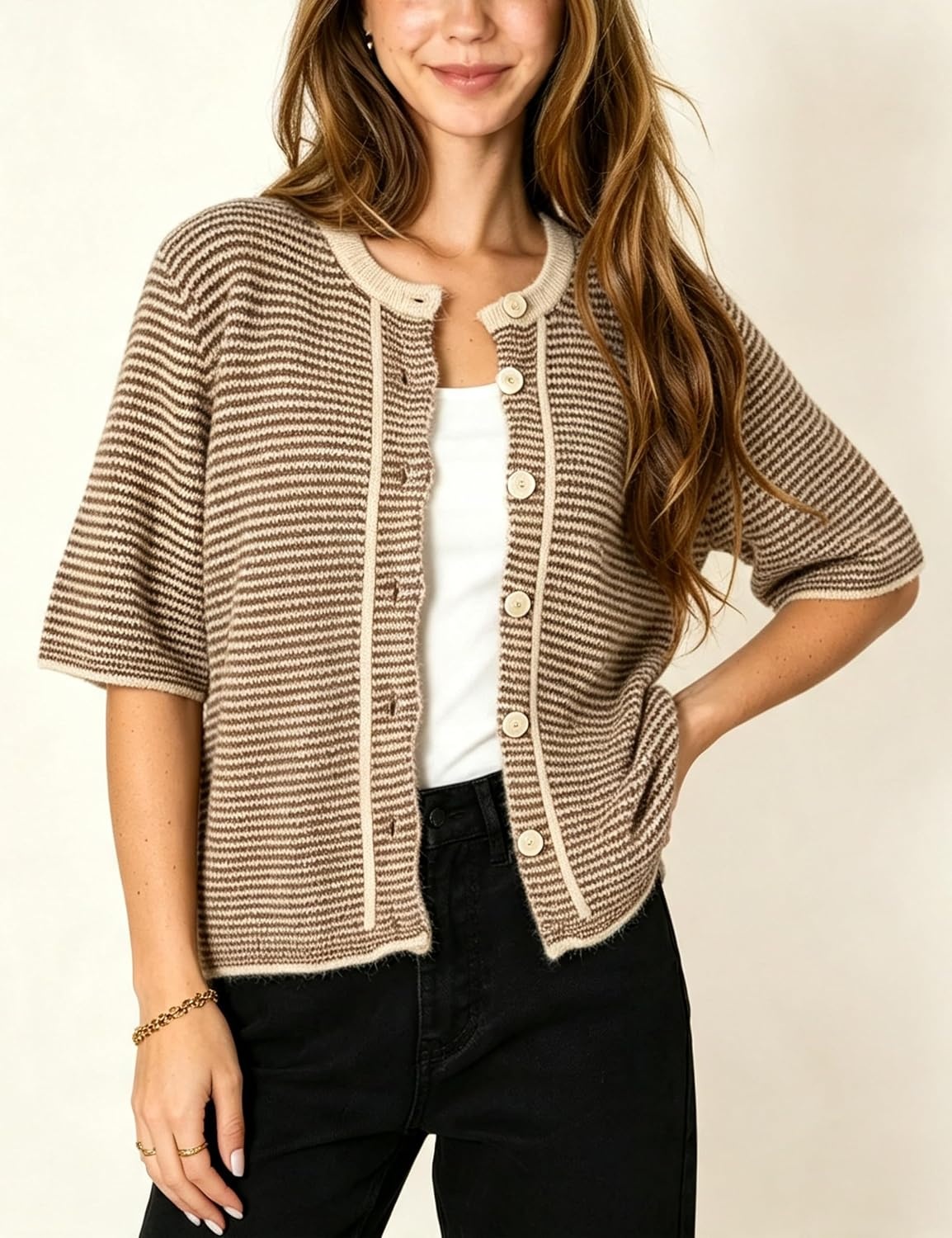 image:imageSpringrain Womens Striped Short Sleeve Knit Cardigan SweaterKhaki