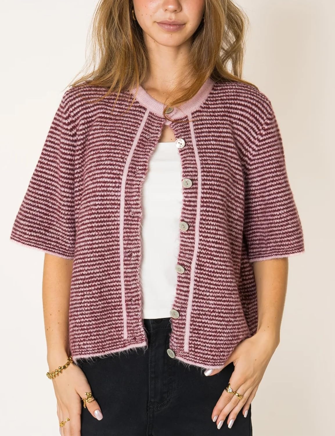 image:imageSpringrain Womens Striped Short Sleeve Knit Cardigan SweaterPink
