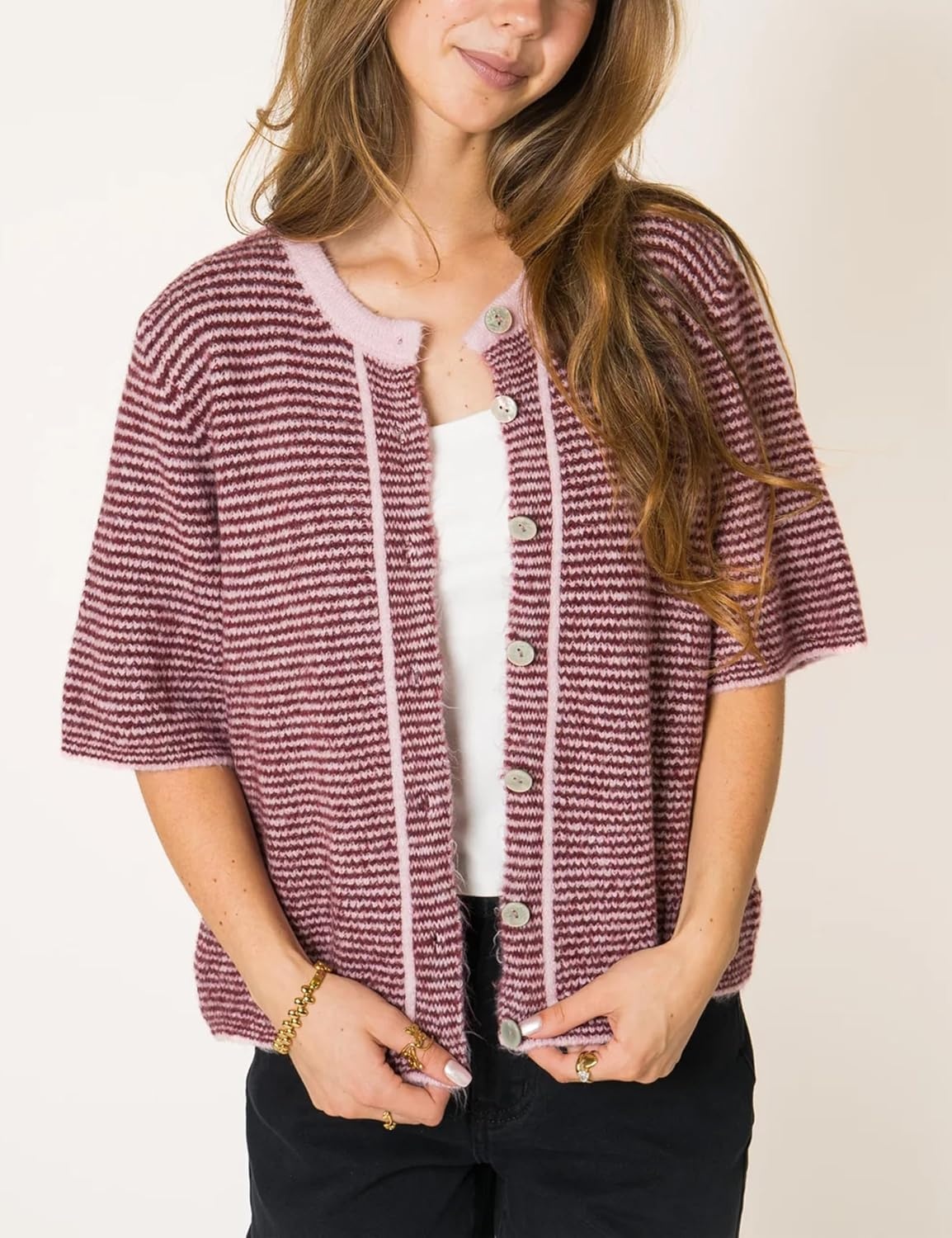 image:imageSpringrain Womens Striped Short Sleeve Knit Cardigan SweaterPink