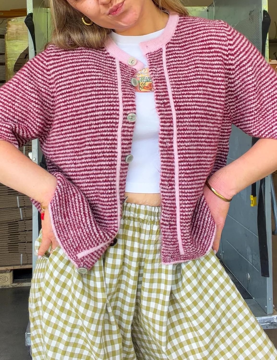 image:imageSpringrain Womens Striped Short Sleeve Knit Cardigan SweaterPink