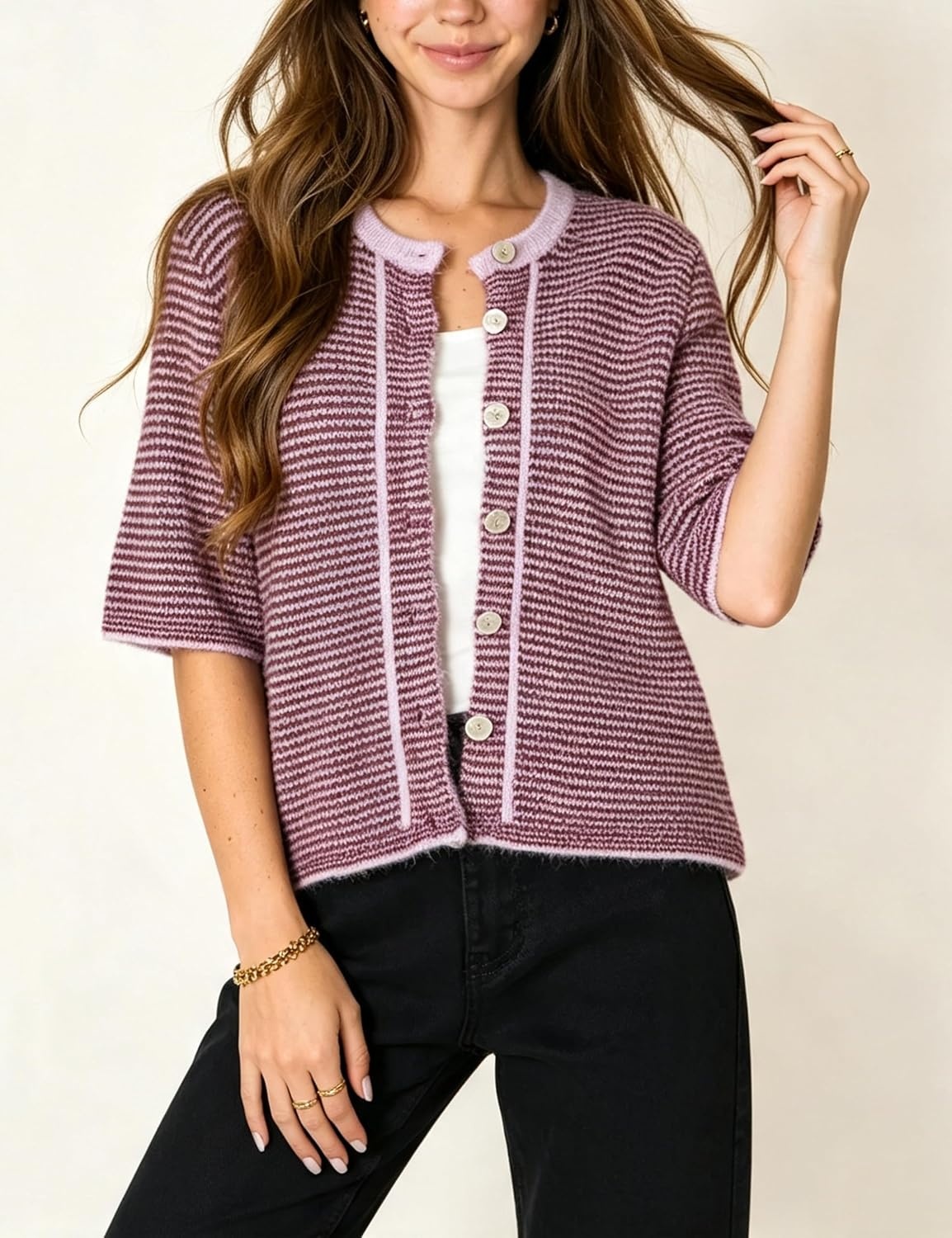 image:imageSpringrain Womens Striped Short Sleeve Knit Cardigan SweaterPurple