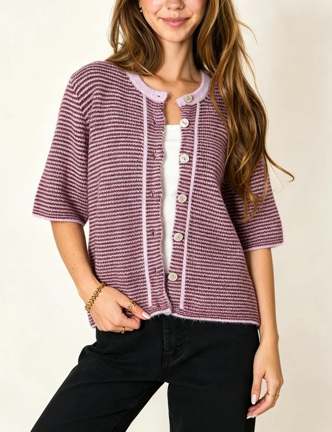 image:imageSpringrain Womens Striped Short Sleeve Knit Cardigan SweaterPurple