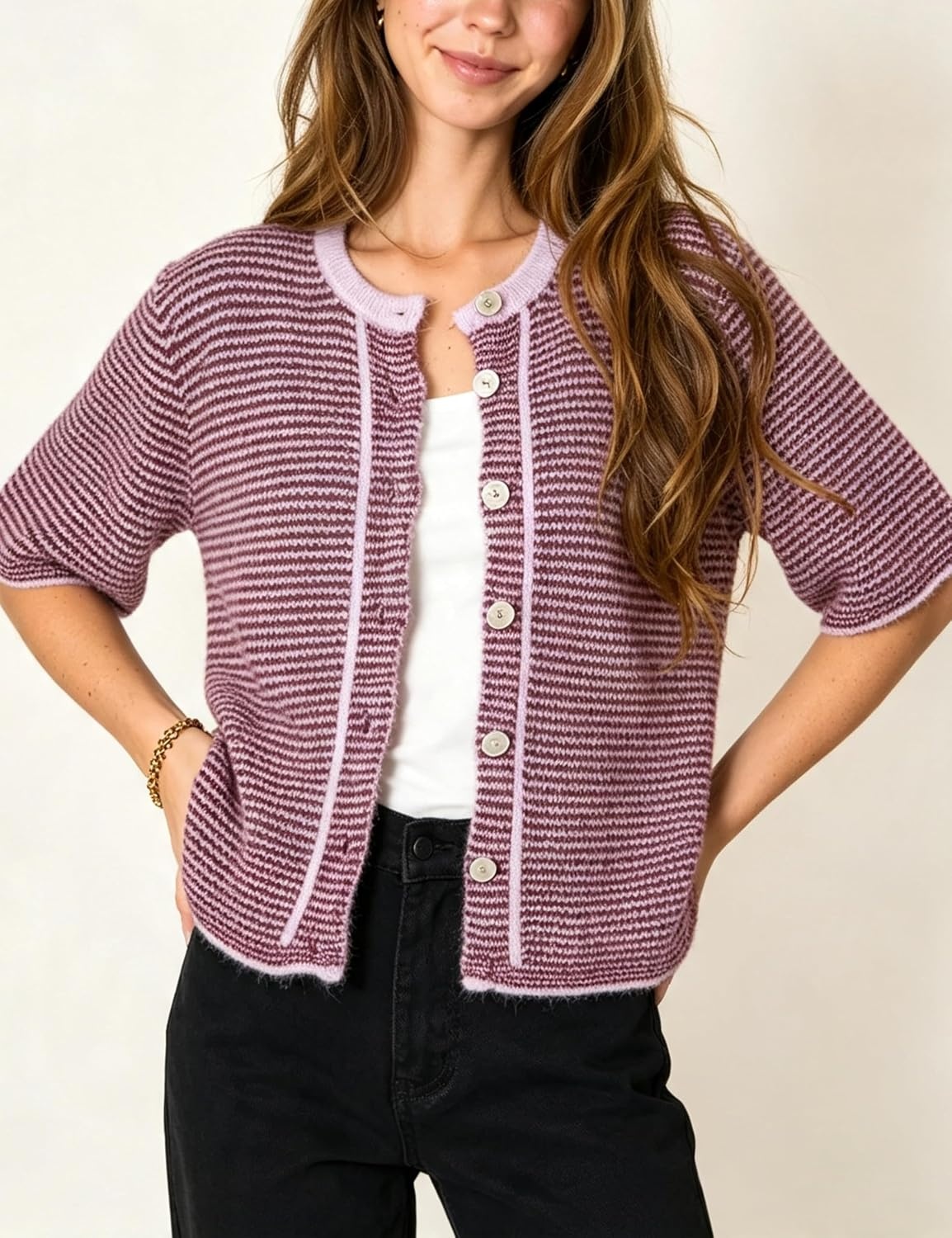 image:imageSpringrain Womens Striped Short Sleeve Knit Cardigan SweaterPurple
